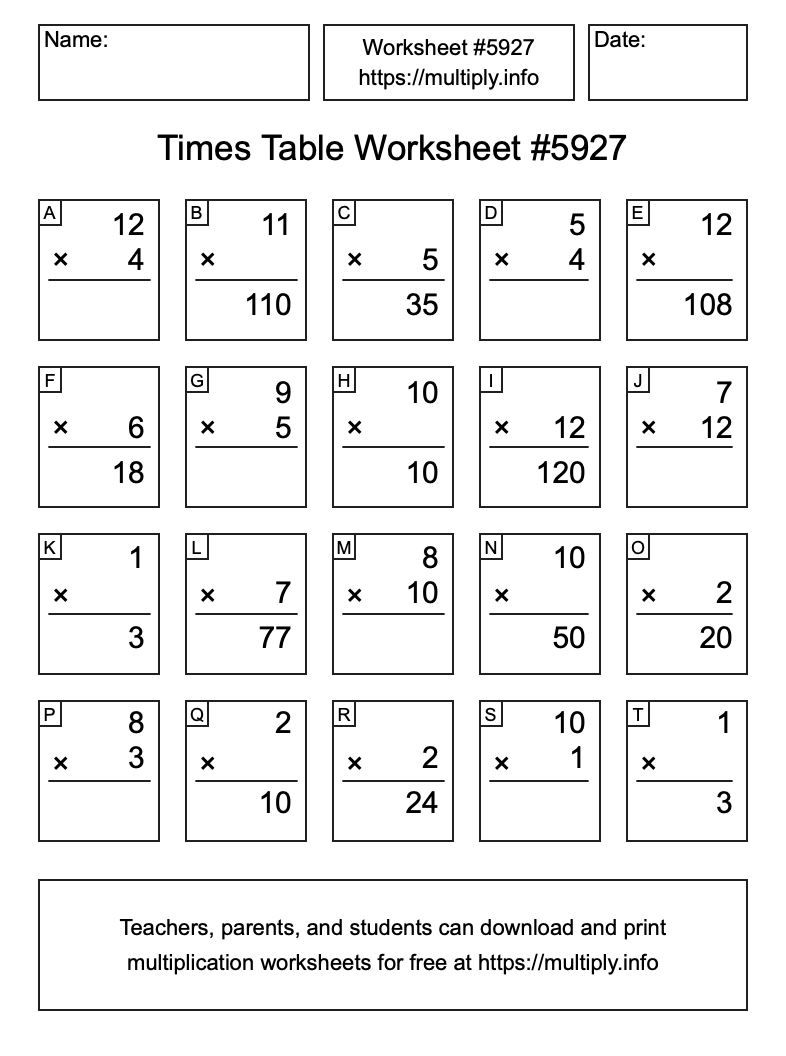 Times Table Worksheet #5927