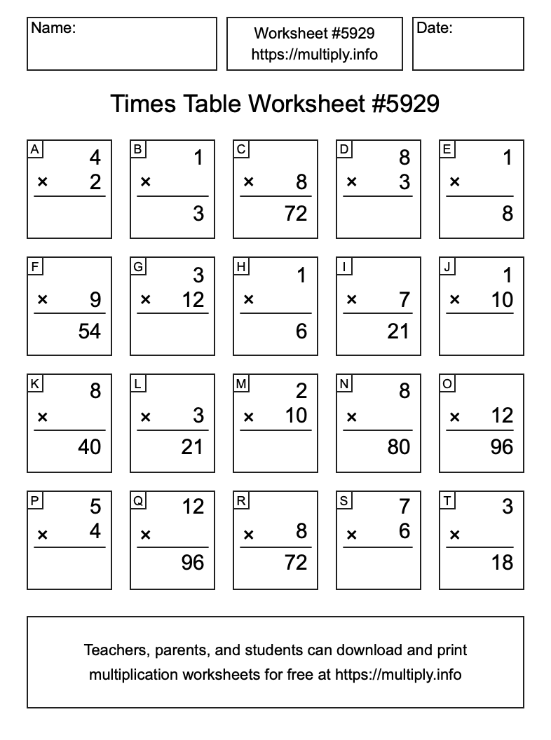 Times Table Worksheet #5929