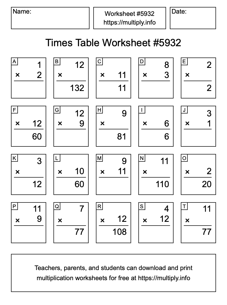 Times Table Worksheet #5932