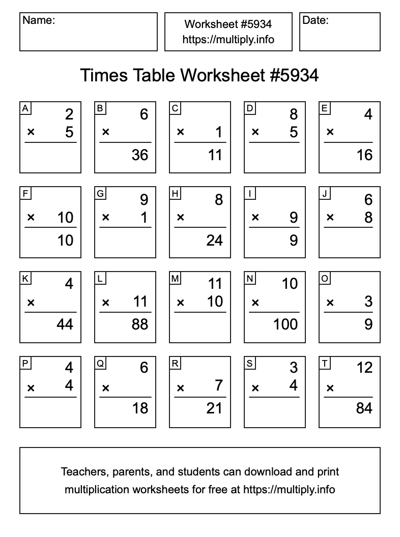 Times Table Worksheet #5934