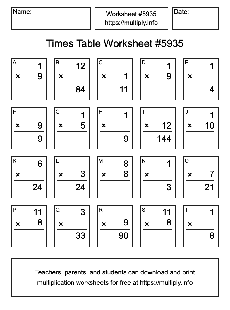 Times Table Worksheet #5935