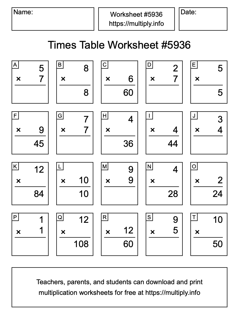 Times Table Worksheet #5936