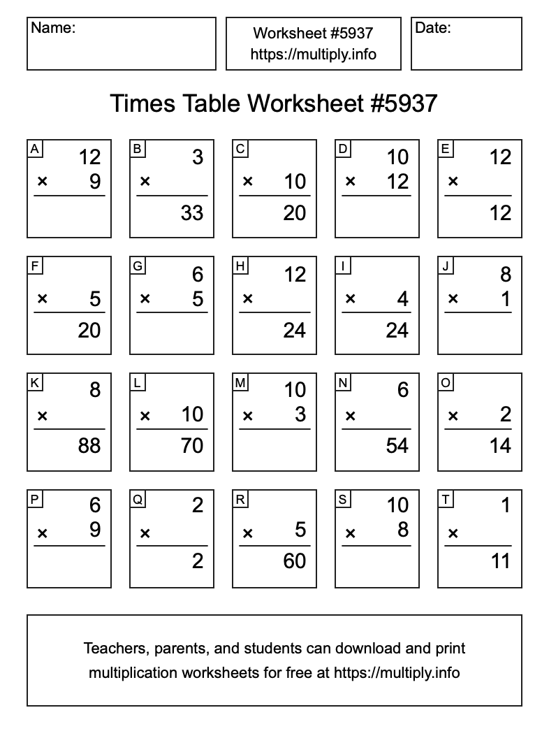 Times Table Worksheet #5937