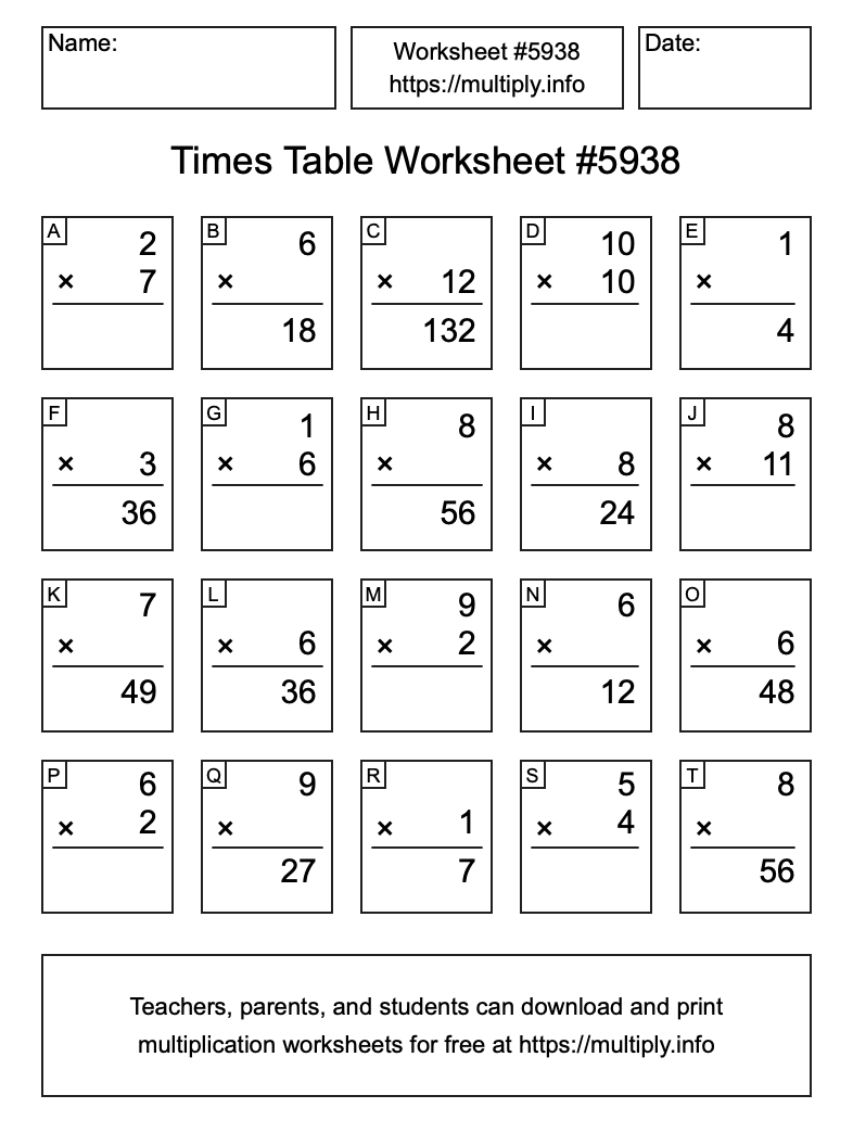 Times Table Worksheet #5938