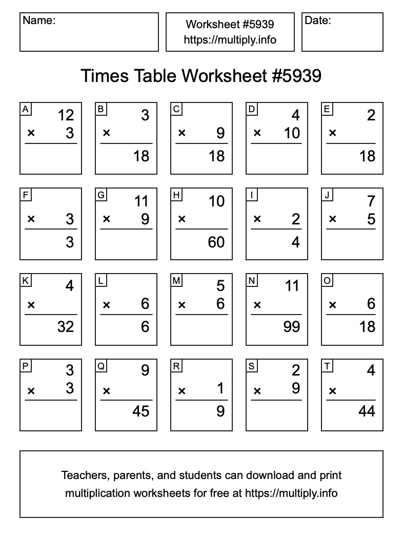 Times Table Worksheet #5939