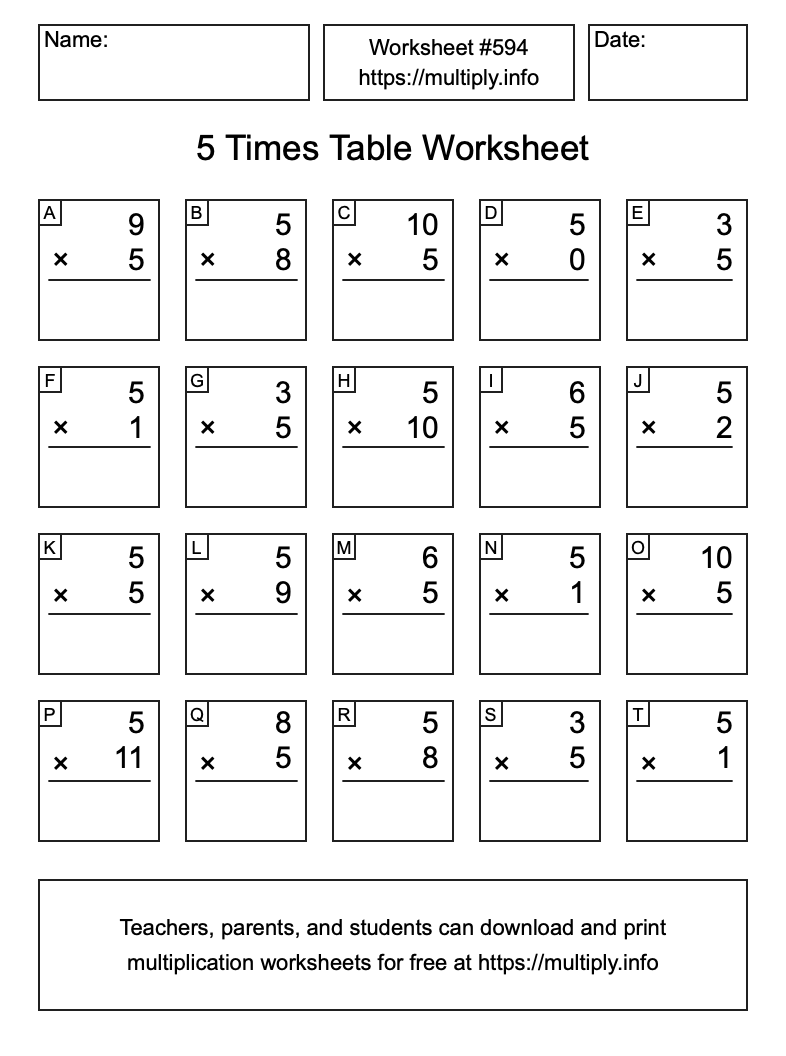 5 Times Table Worksheet #594