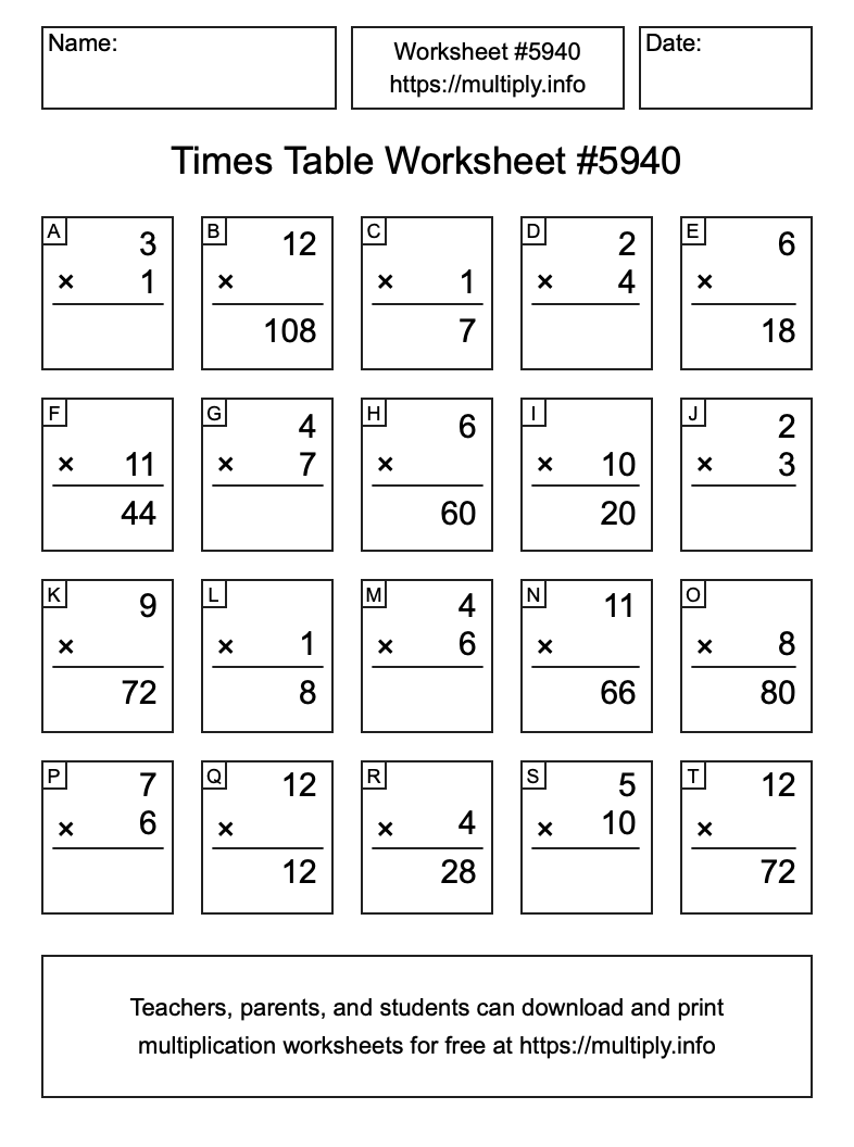 Times Table Worksheet #5940