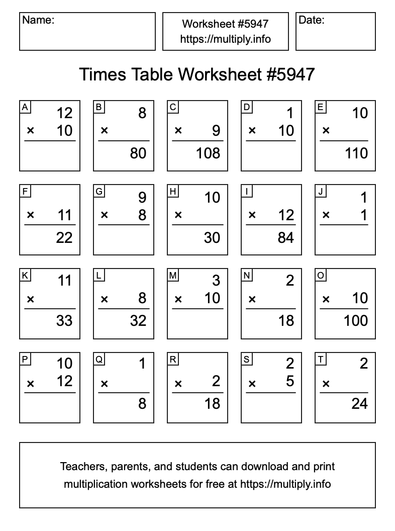 Times Table Worksheet #5947