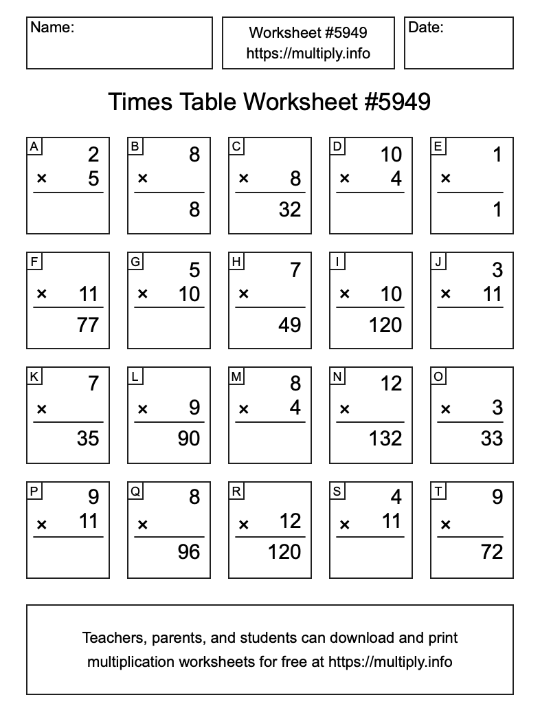 Times Table Worksheet #5949