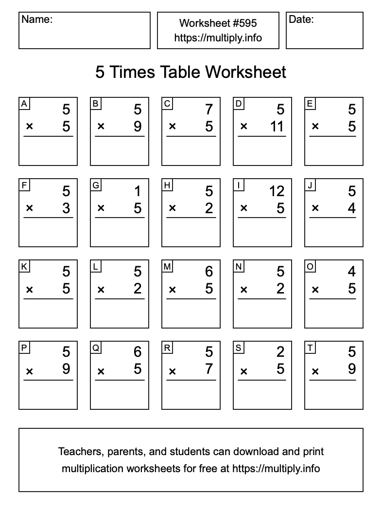 5 Times Table Worksheet #595