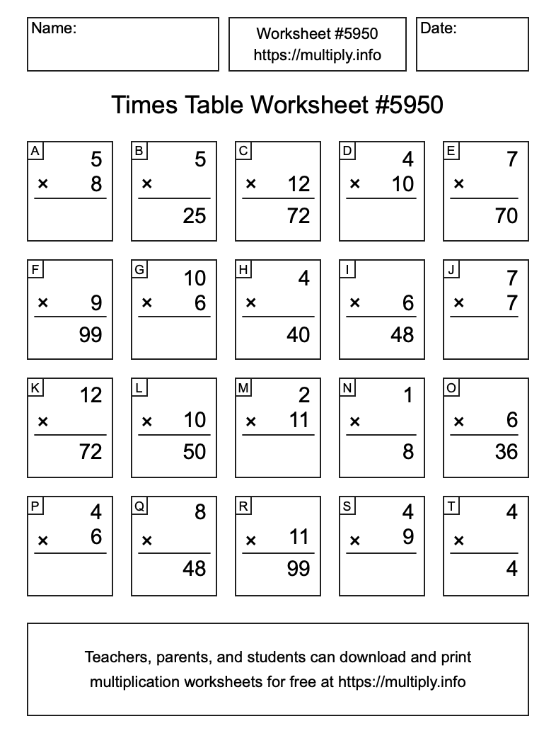 Times Table Worksheet #5950