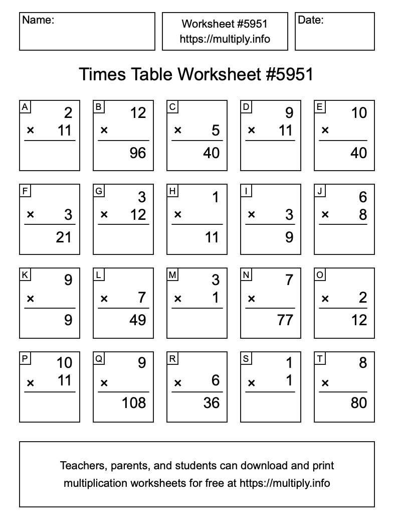 Times Table Worksheet #5951