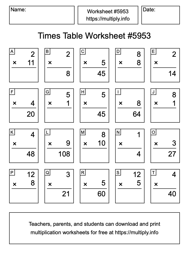 Times Table Worksheet #5953