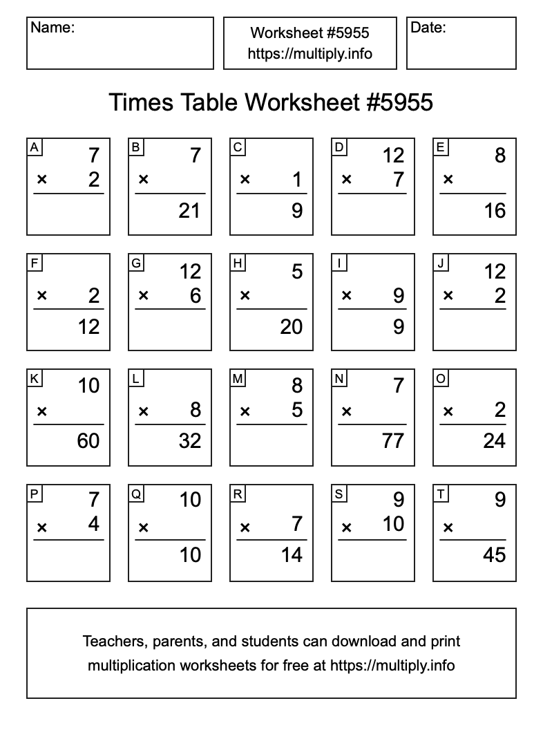Times Table Worksheet #5955