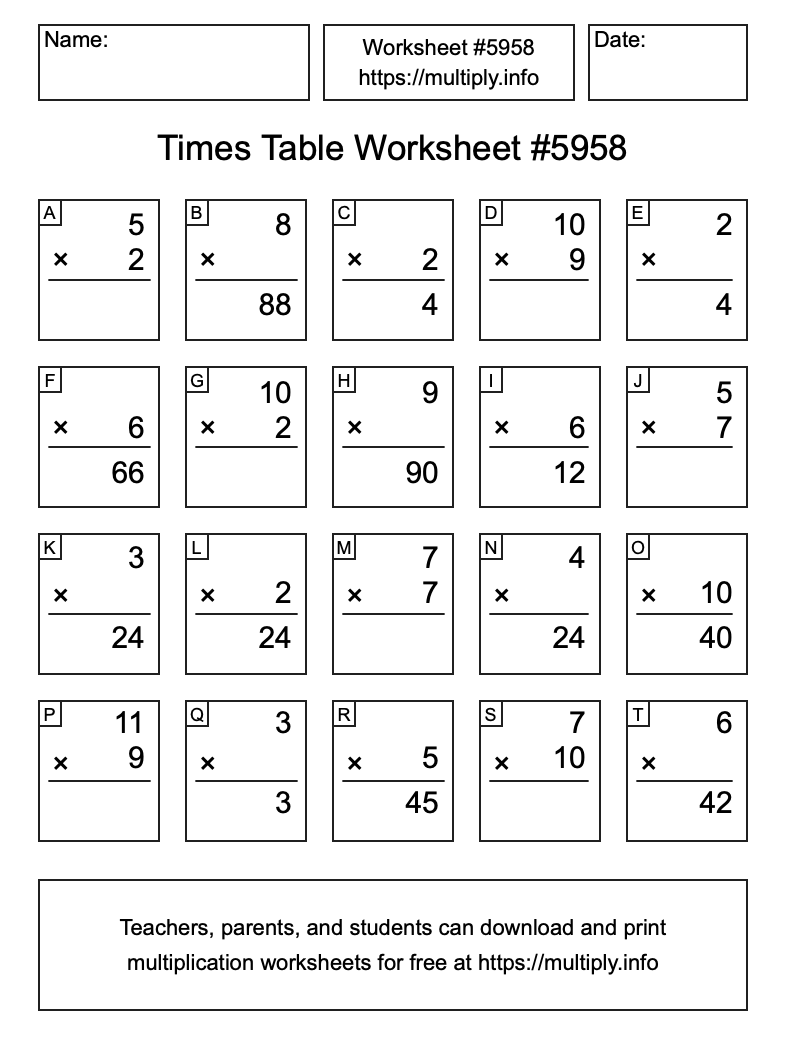 Times Table Worksheet #5958