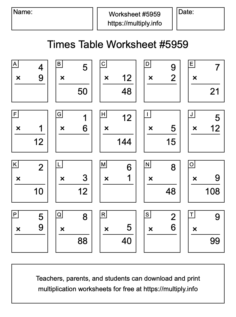 Times Table Worksheet #5959