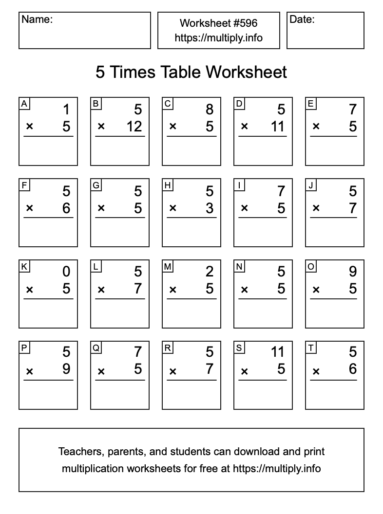 5 Times Table Worksheet #596