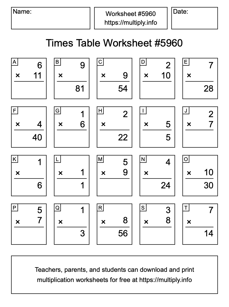 Times Table Worksheet #5960