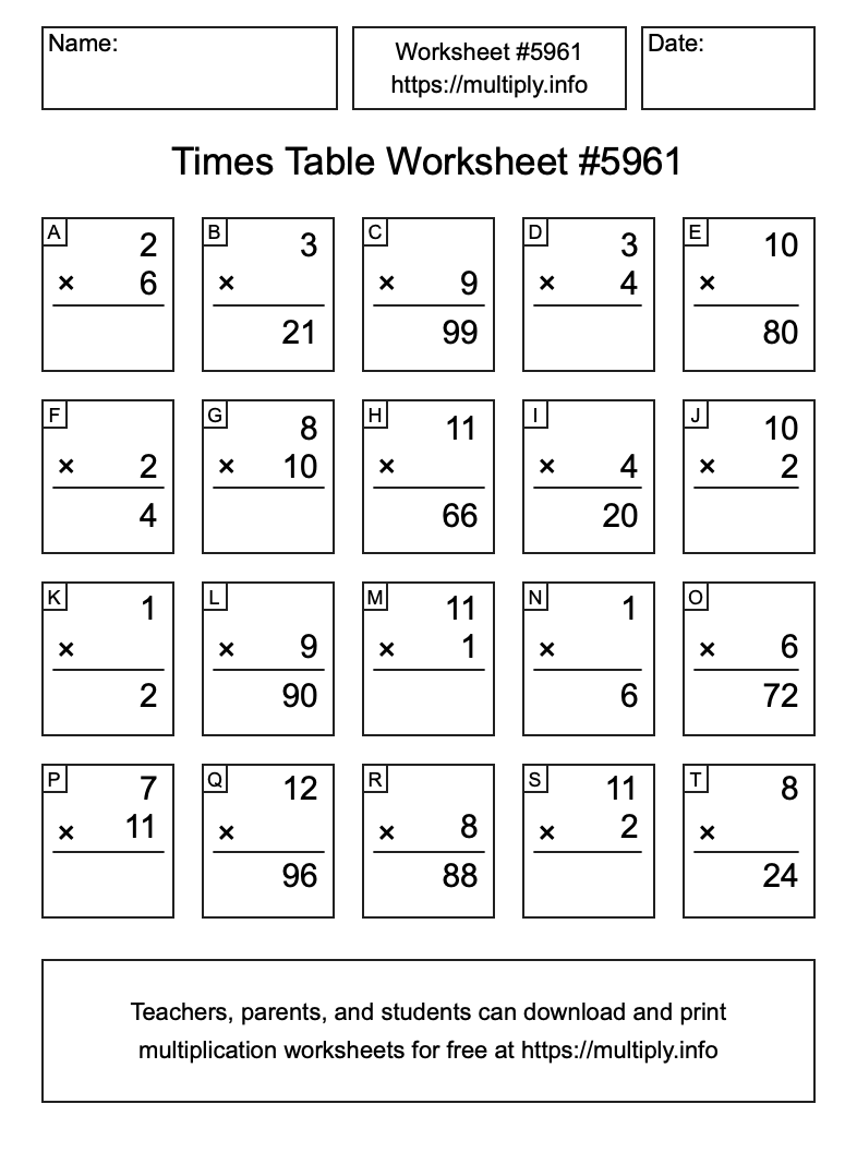 Times Table Worksheet #5961