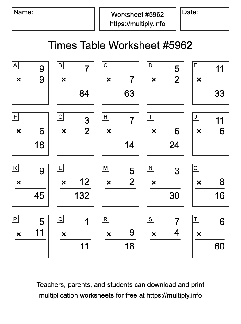 Times Table Worksheet #5962