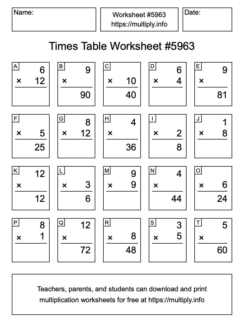 Times Table Worksheet #5963