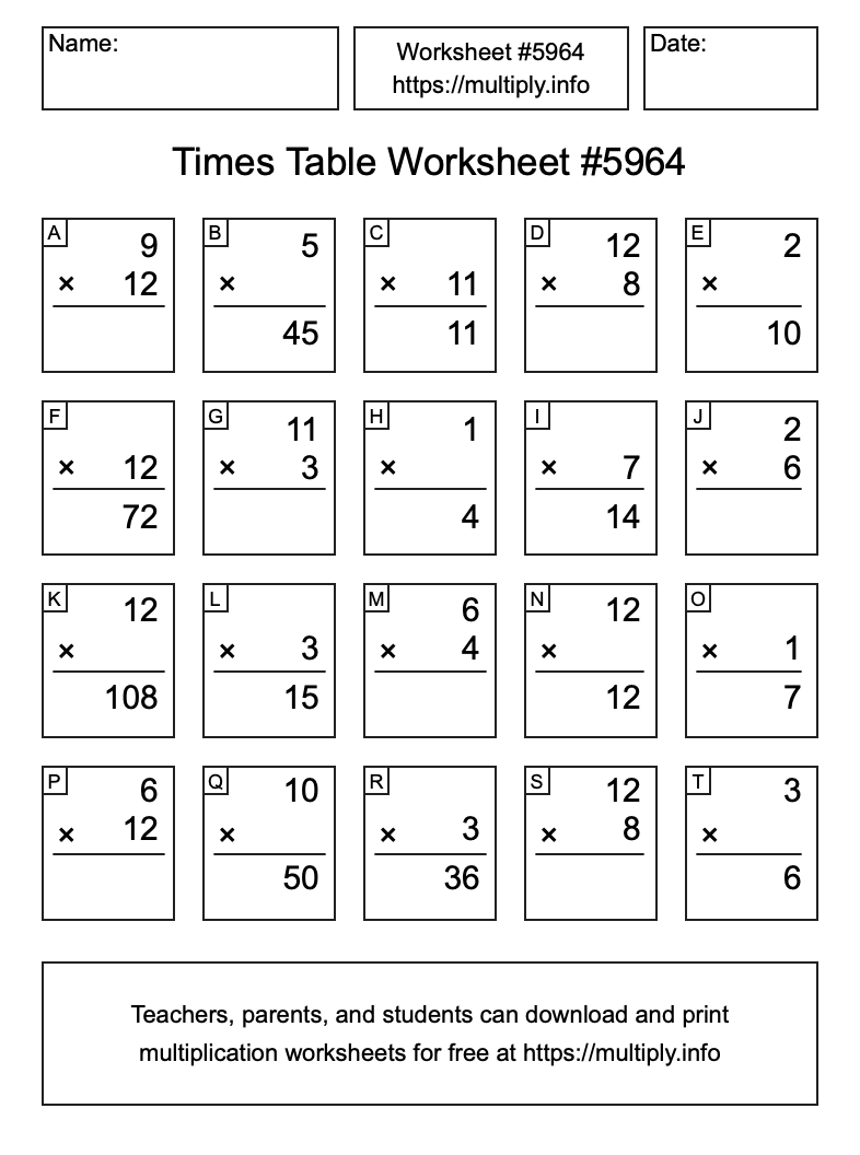 Times Table Worksheet #5964