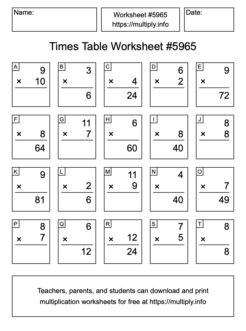 Times Table Worksheet #5965