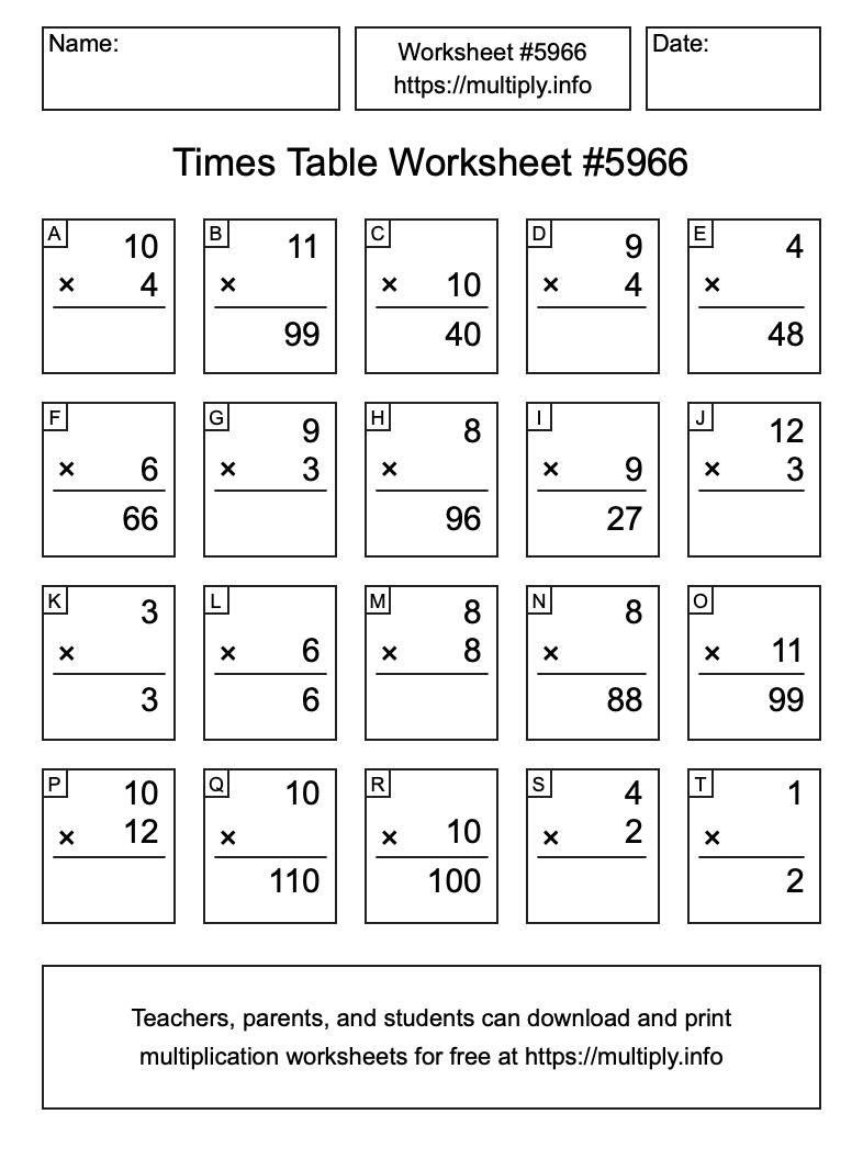 Times Table Worksheet #5966