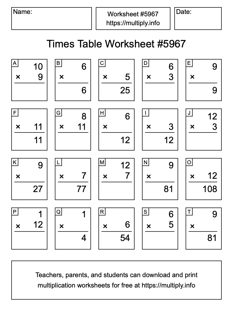 Times Table Worksheet #5967