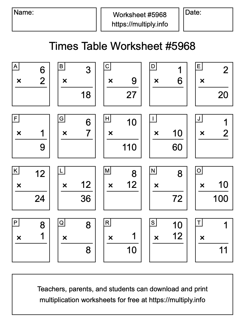 Times Table Worksheet #5968