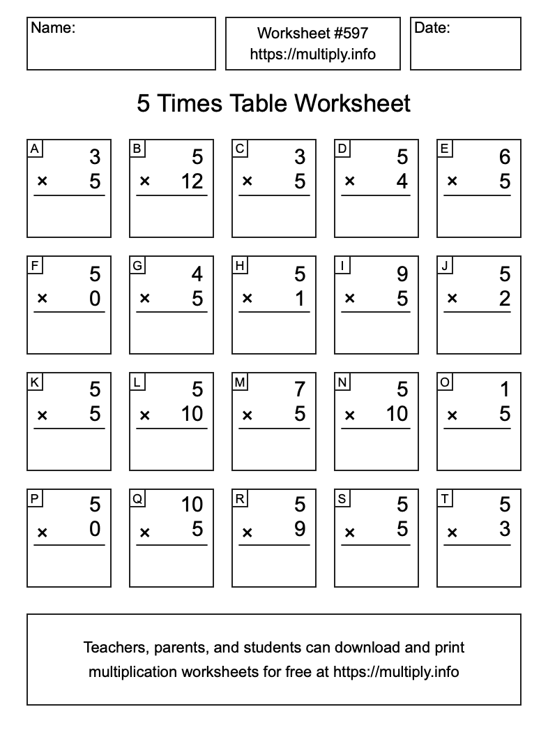 5 Times Table Worksheet #597