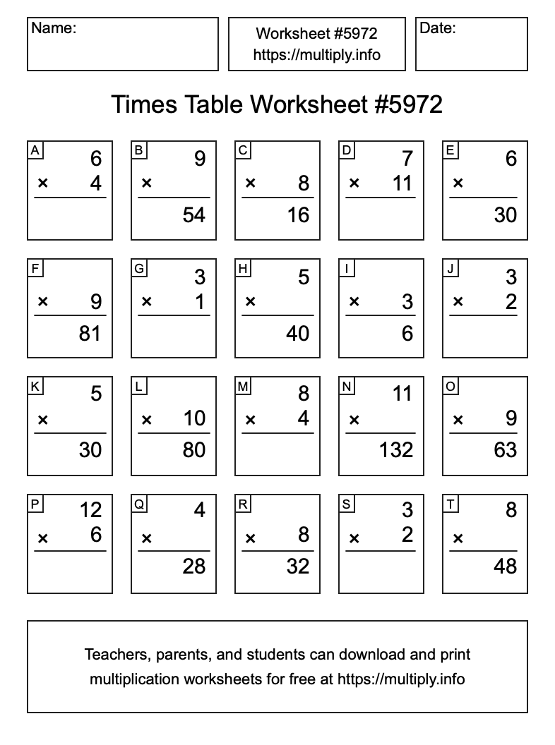 Times Table Worksheet #5972