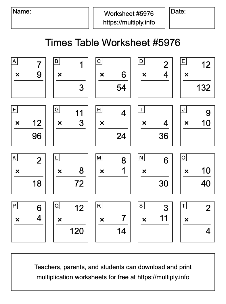 Times Table Worksheet #5976