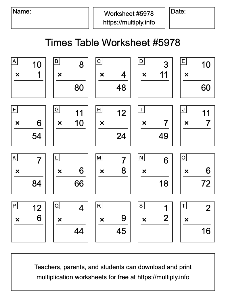 Times Table Worksheet #5978