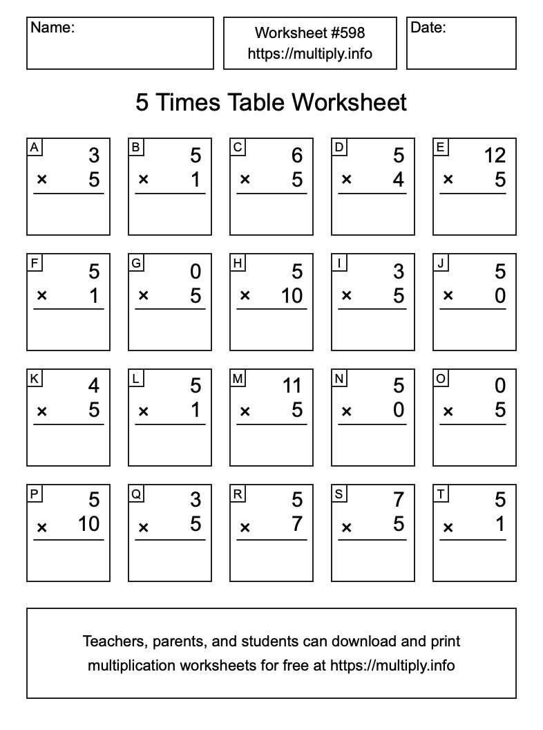5 Times Table Worksheet #598