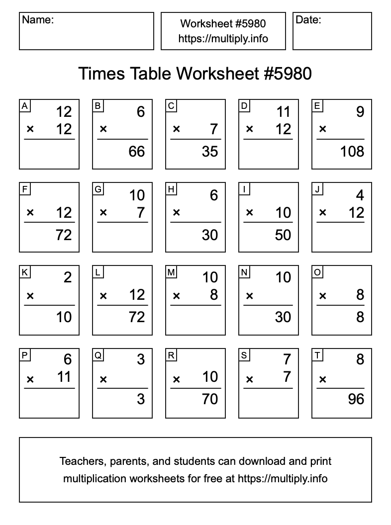 Times Table Worksheet #5980