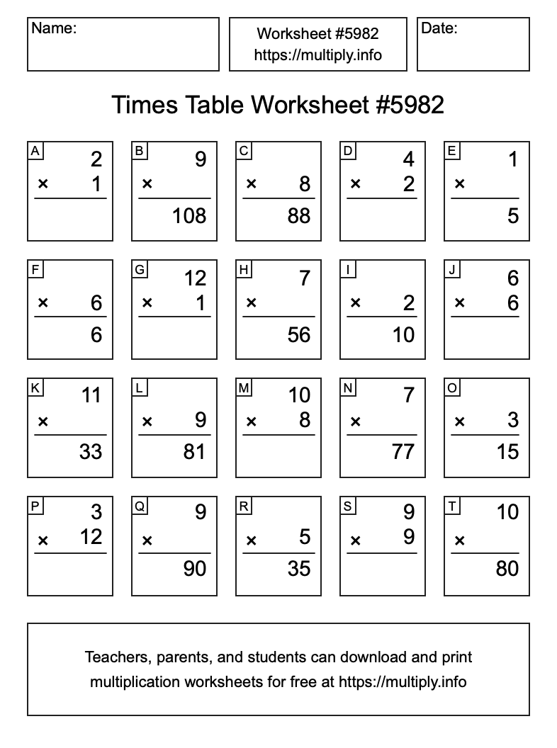 Times Table Worksheet #5982