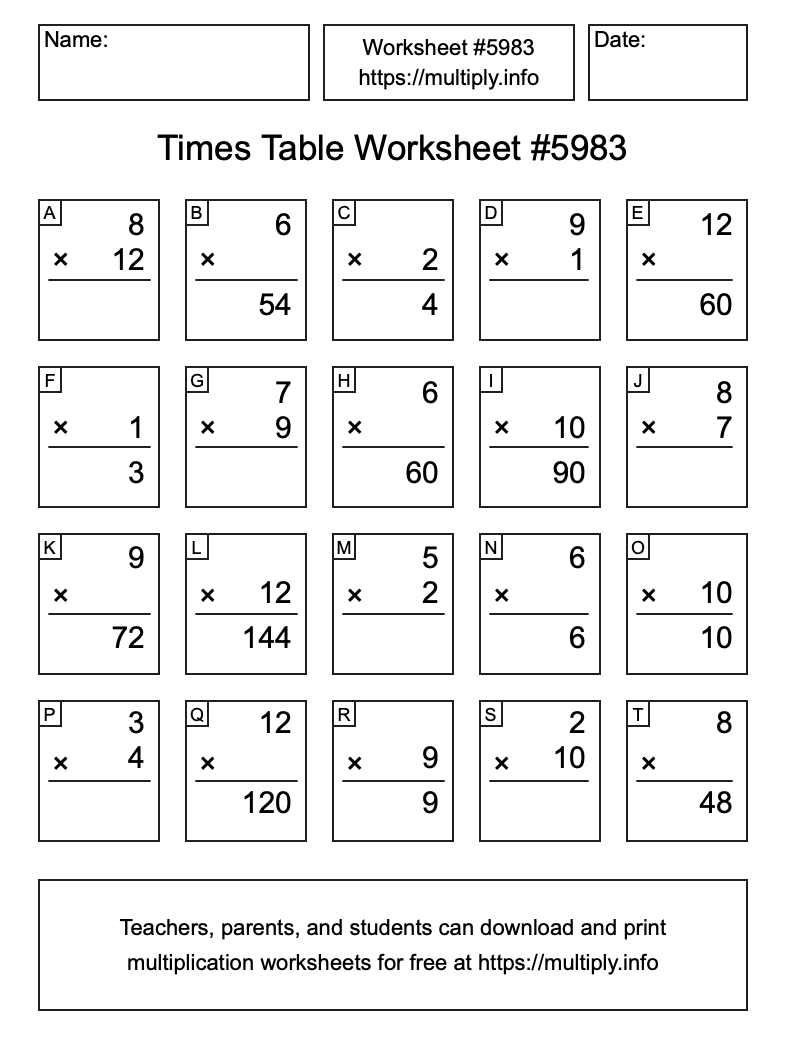 Times Table Worksheet #5983