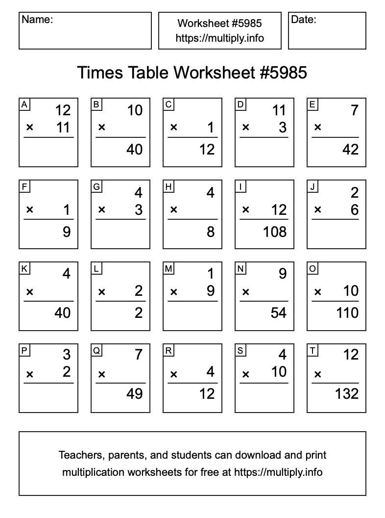 Times Table Worksheet #5985