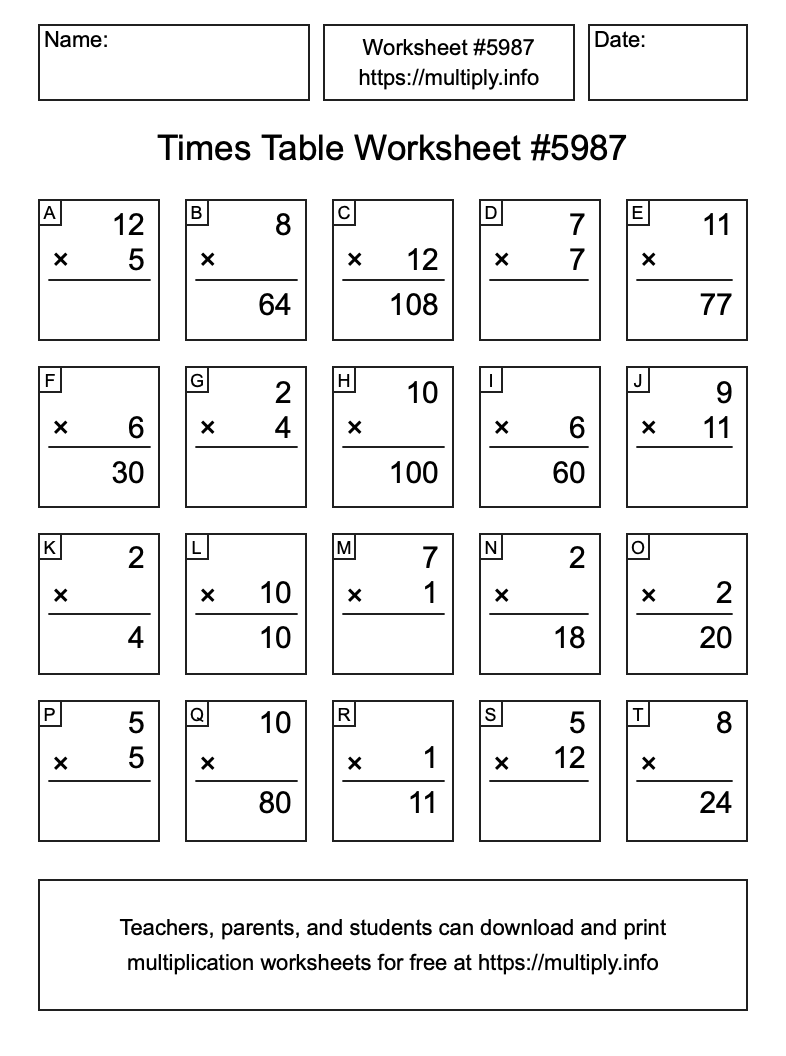 Times Table Worksheet #5987