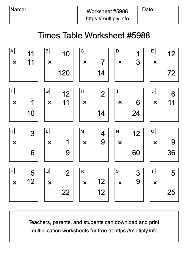 Times Table Worksheet #5988