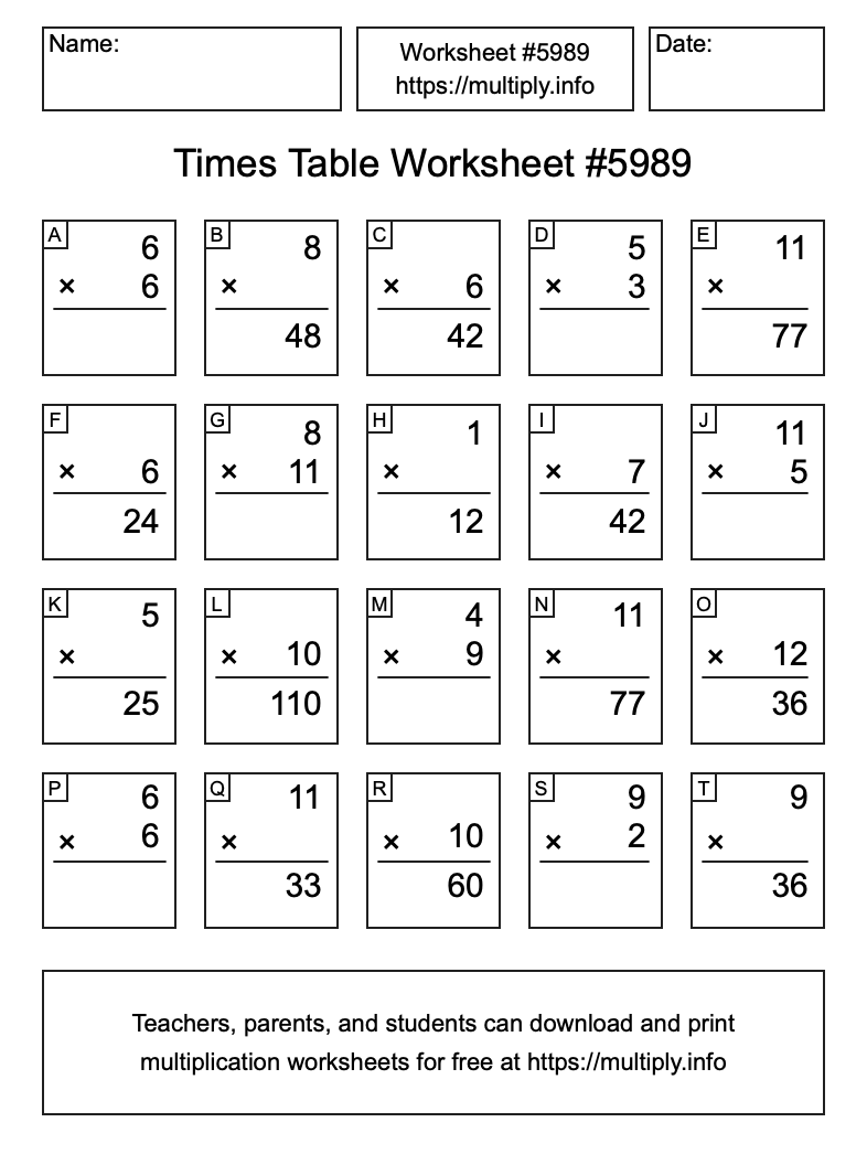 Times Table Worksheet #5989