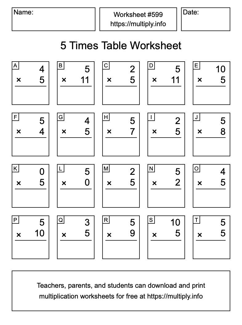 5 Times Table Worksheet #599