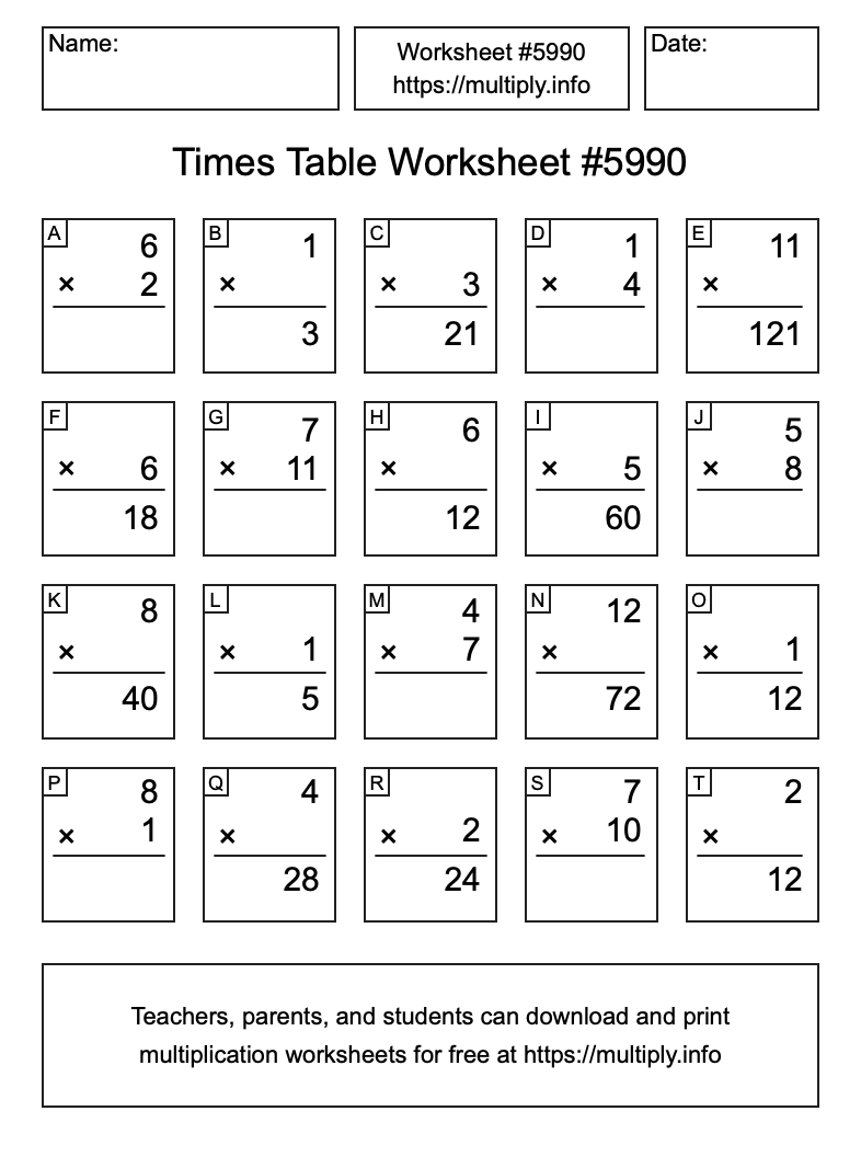 Times Table Worksheet #5990