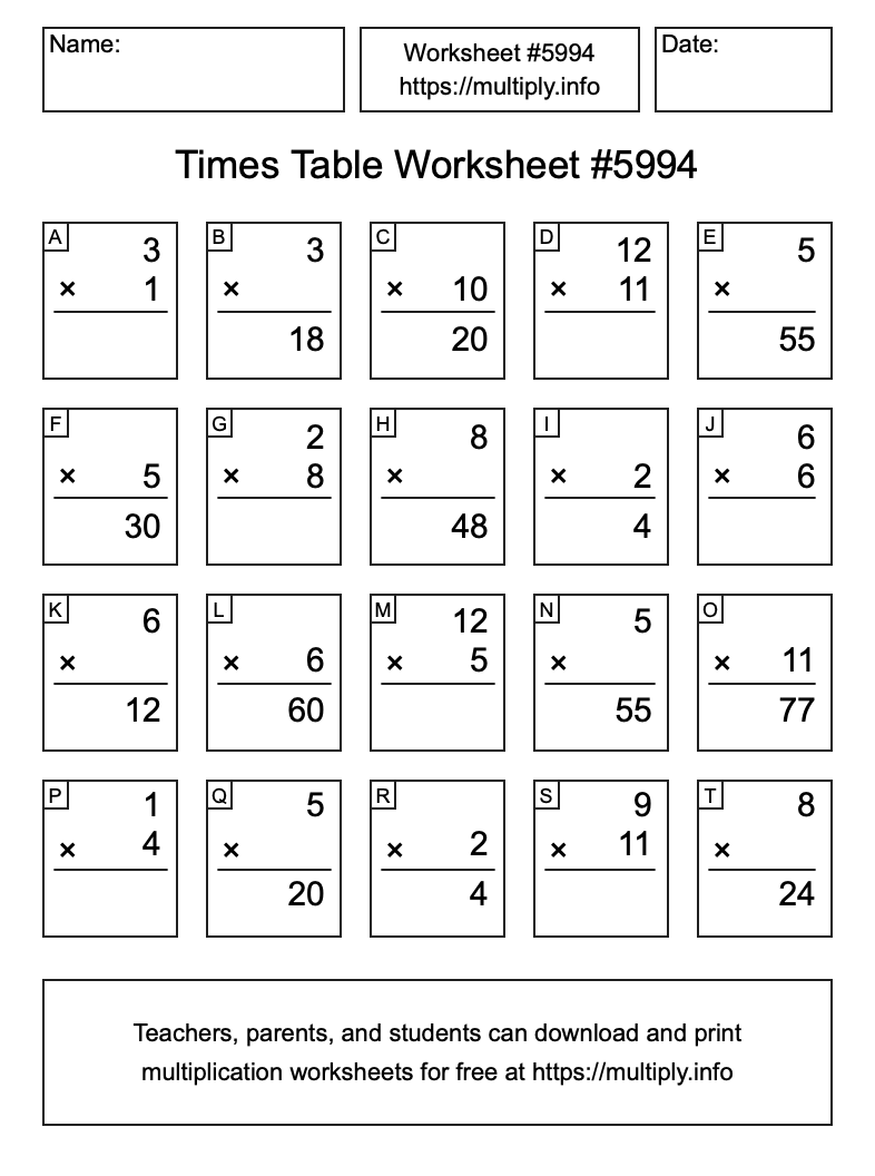 Times Table Worksheet #5994