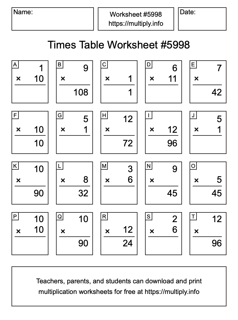 Times Table Worksheet #5998