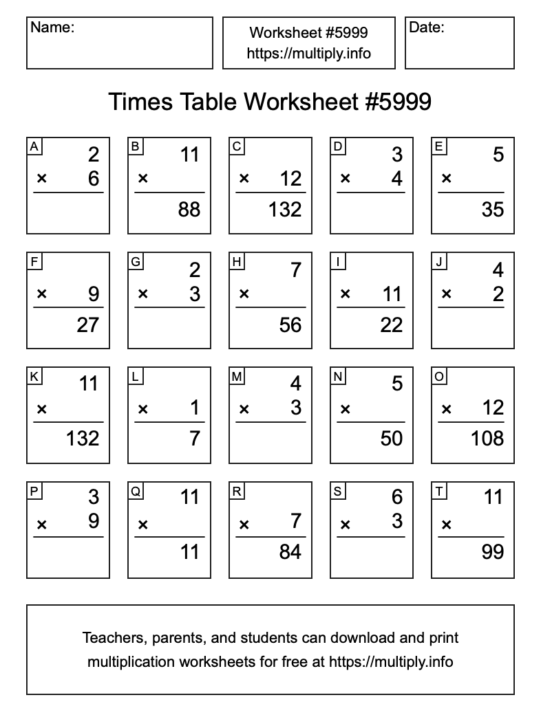 Times Table Worksheet #5999