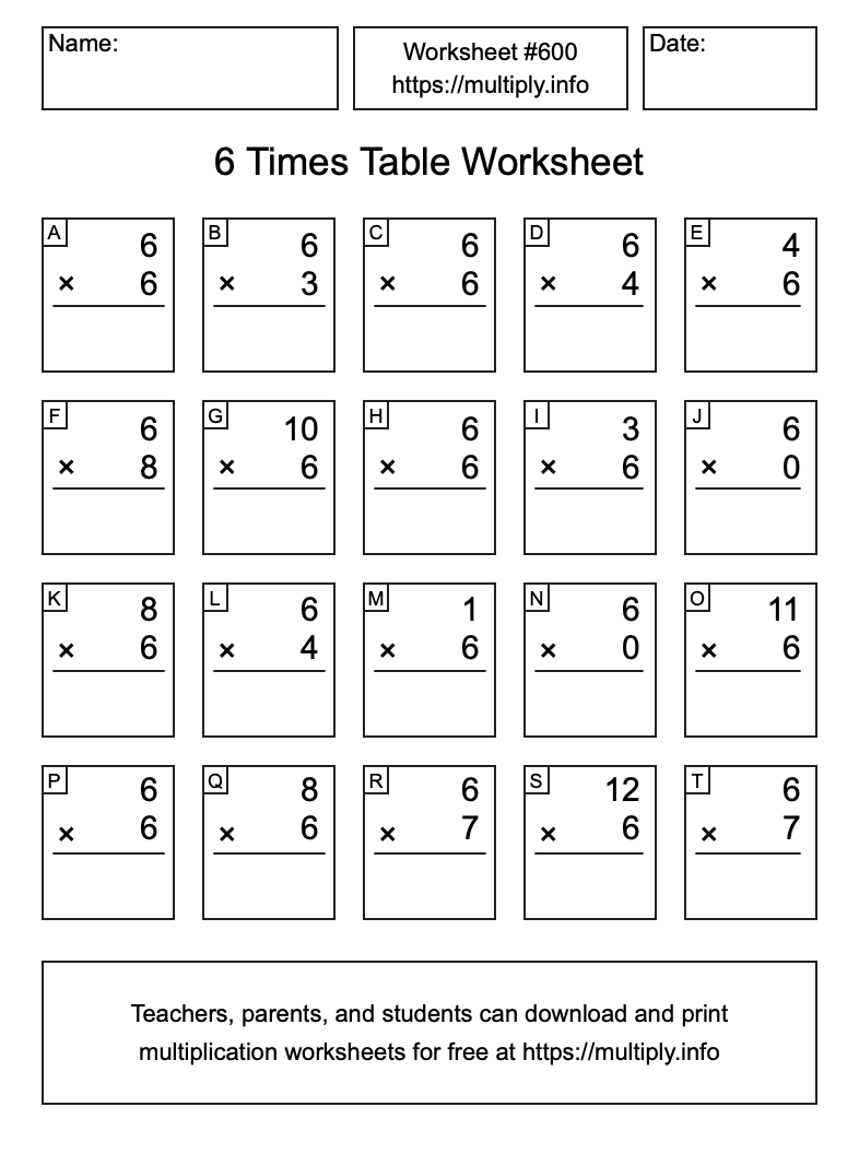 6 Times Table Worksheet #600