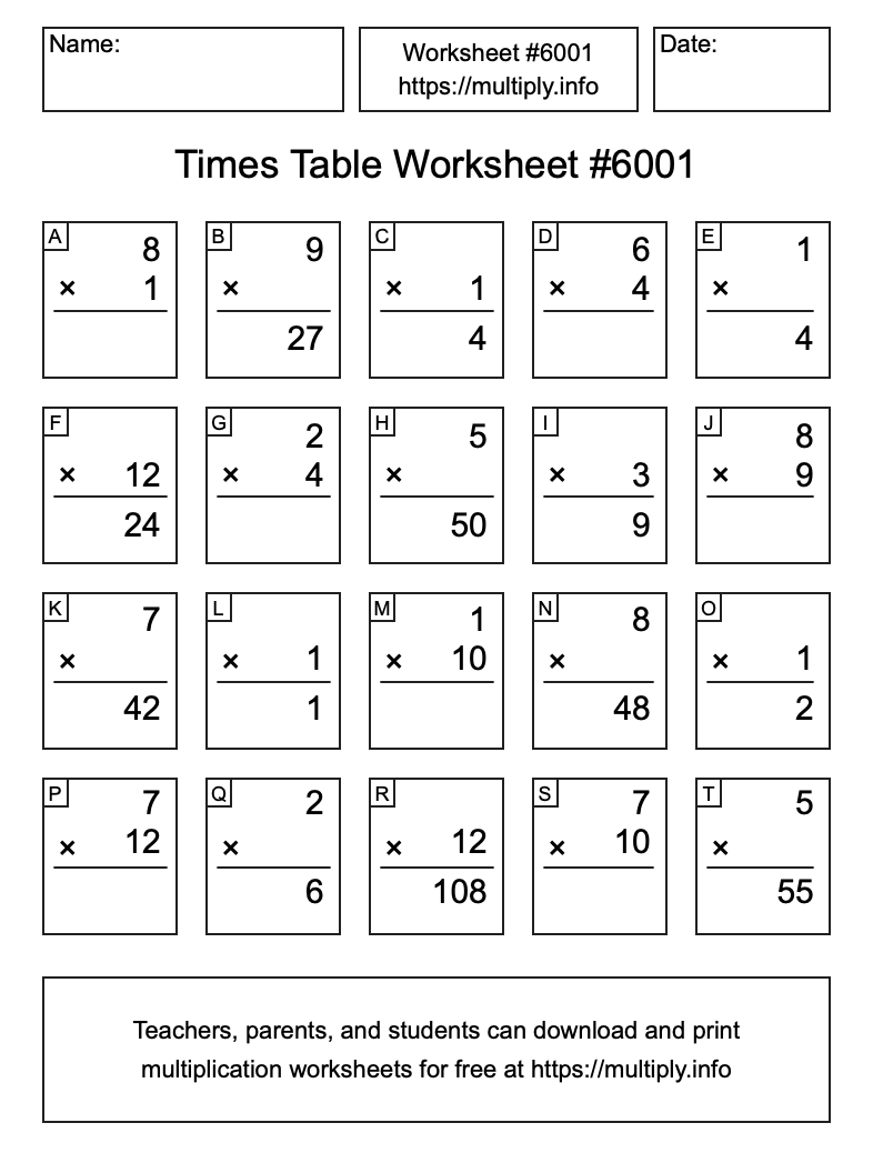 Times Table Worksheet #6001