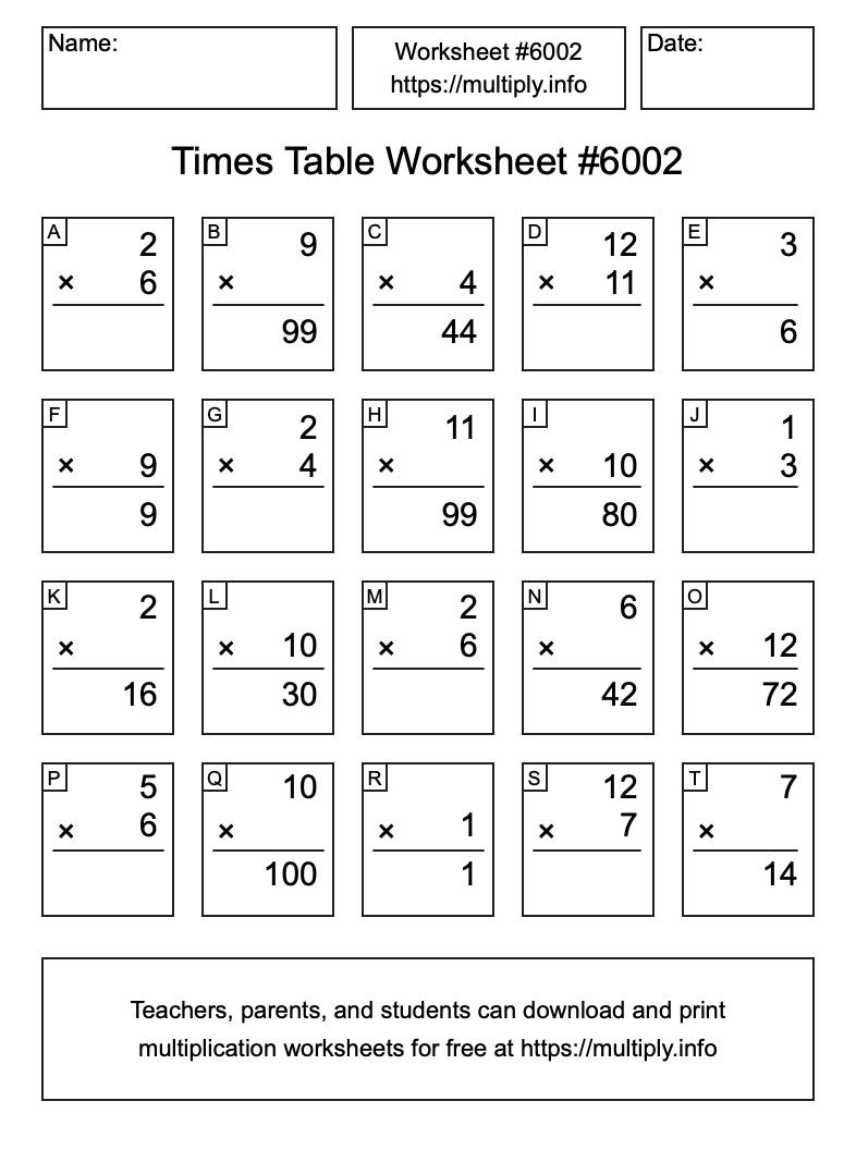 Times Table Worksheet #6002